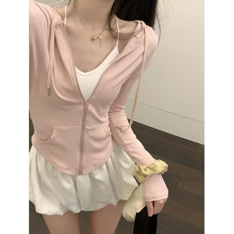 Irregular pink hooded long-sleeved t-shirt women's summer sunscreen suspenders with slim fit tight sports short top