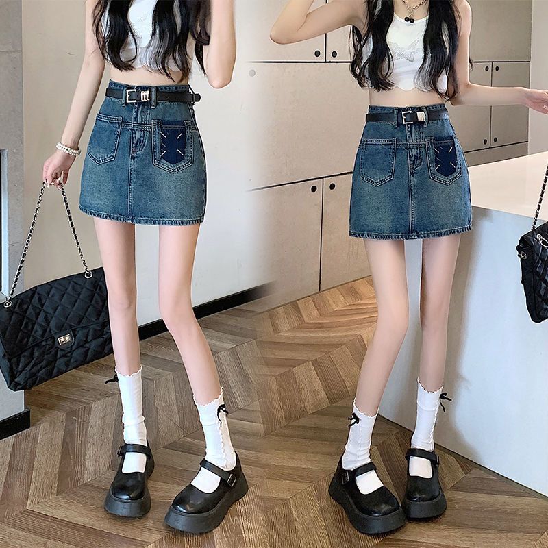 Hong Kong style retro denim skirt new style  summer high waist slim skirt skirt a line skirt pants ins