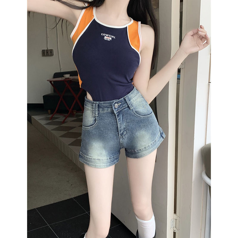 American hot girl high-waisted retro denim shorts for women summer new style old straight slim a-line ultra-short hot pants trendy