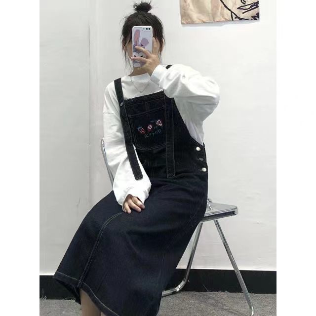  summer casual and loose style for fat girls, new large size age-reducing and slimming denim suspender dress