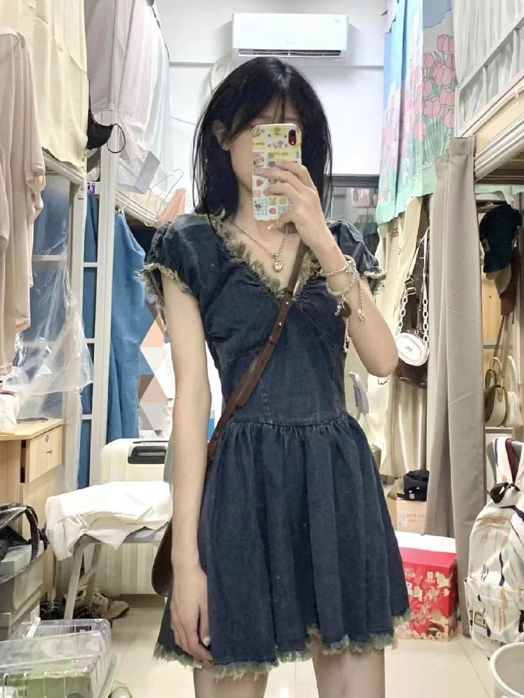 韓系小眾復古甜酷風毛邊流蘇v領牛仔連衣裙夏日上新女學生牛仔裙