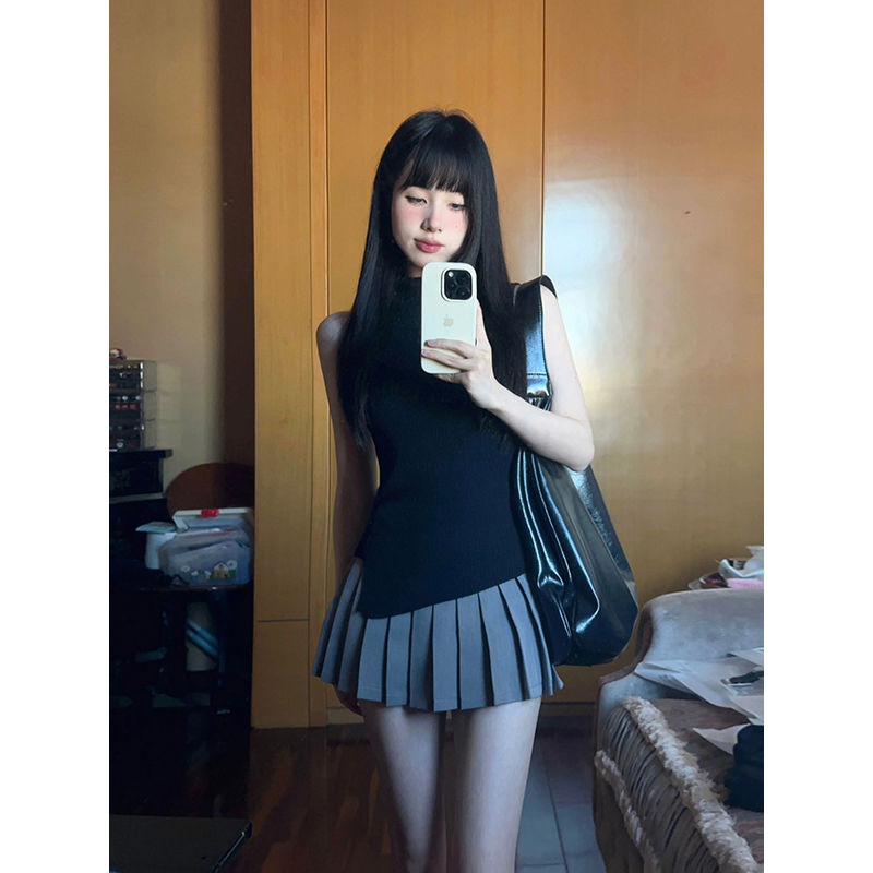 半高領無袖背心針織衫夏季不規則純欲辣妹上衣+百褶半身裙兩件套