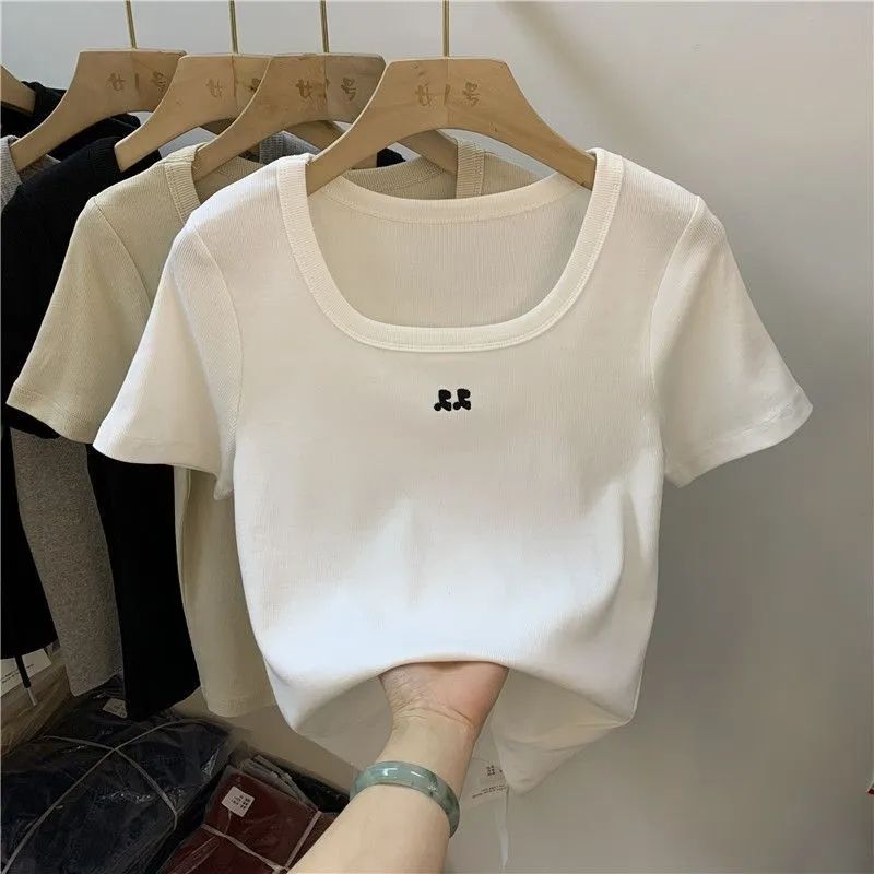 Ice silk square collar short top women's 2023 summer new niche design sense embroidery slim short-sleeved top women