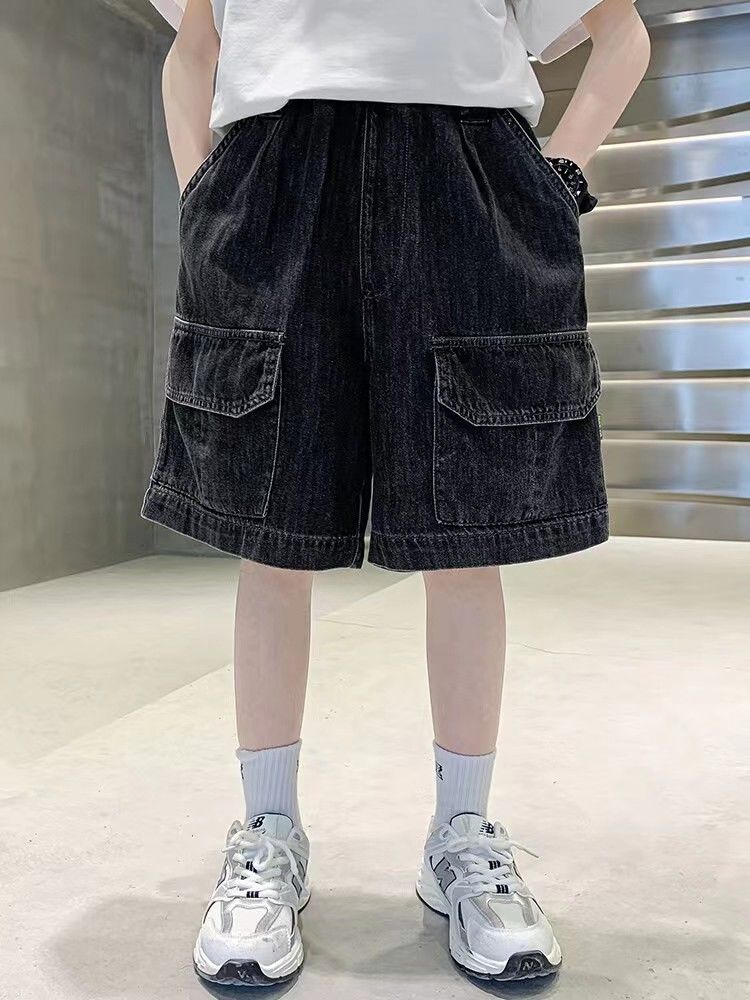 Boys' denim shorts, summer clothes, children's handsome street pants, medium pants for big children, fat boys casual pants, trendy