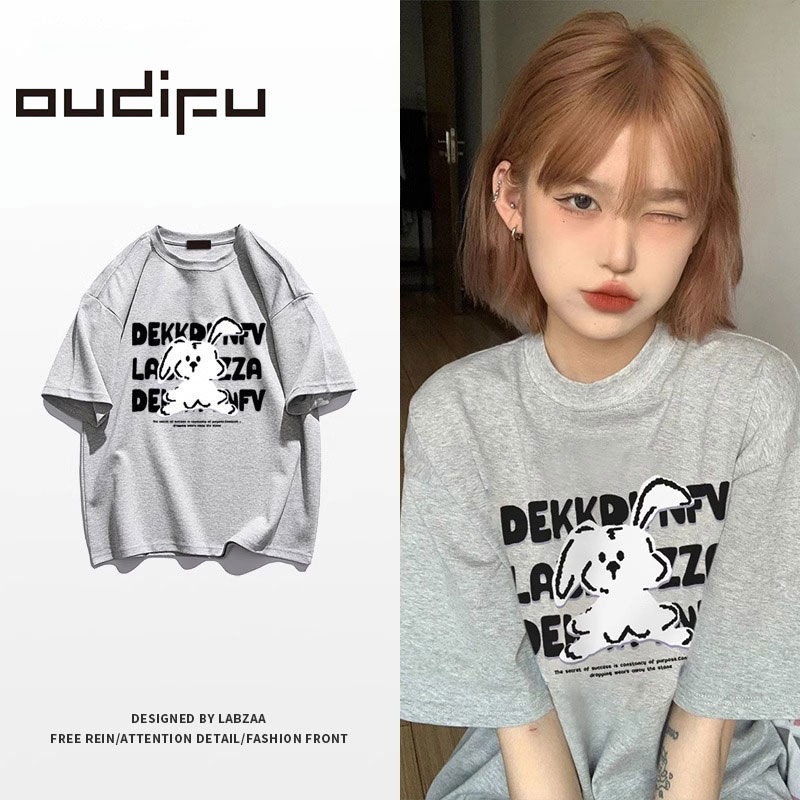 OUDIFU純棉短袖t恤女2023年新款春夏ins潮寬鬆體恤多巴胺小眾上衣