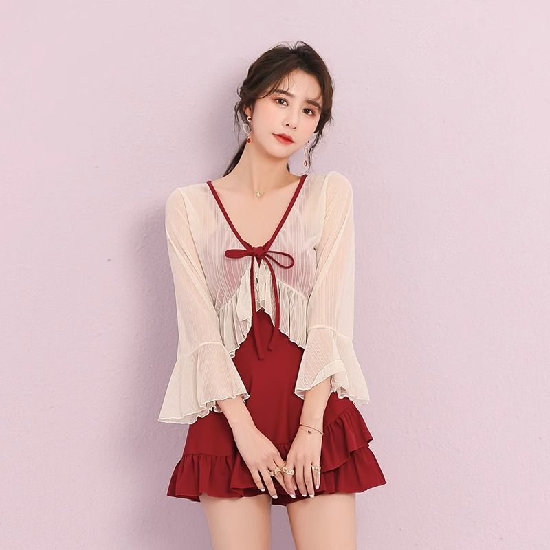 2023新款ins超仙純欲風遮肚顯瘦罩衫泡溫泉保守學生連體游泳衣女
