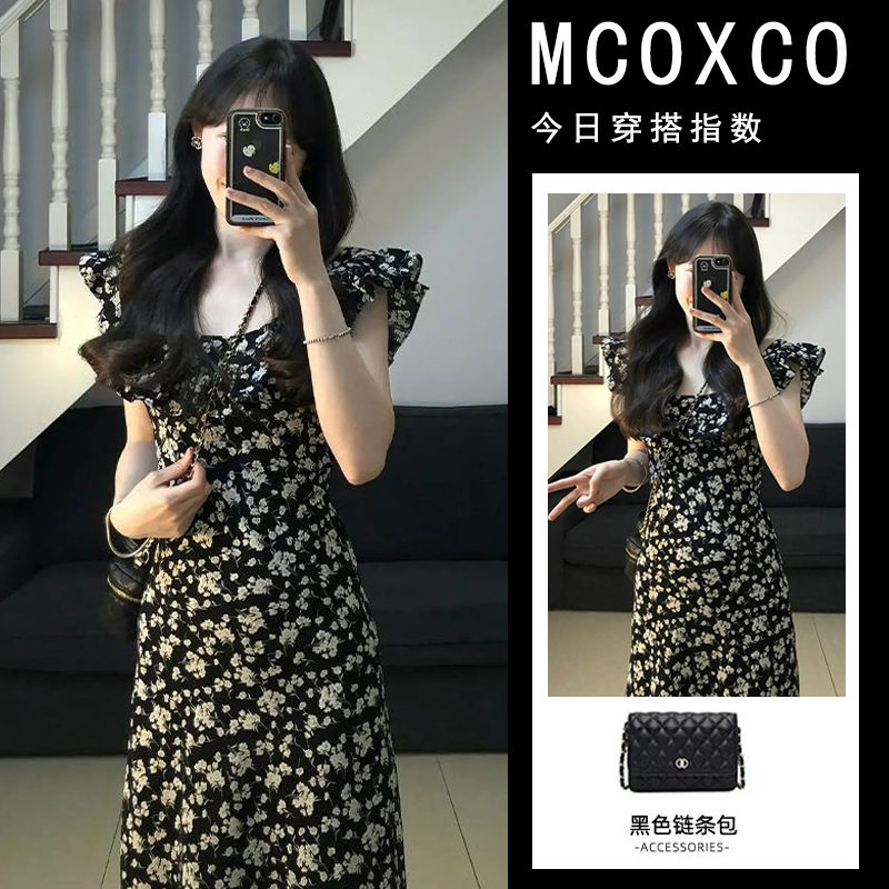 茶歇法式時尚赫本風黑色碎花連衣裙子女夏季復古氣質收腰顯瘦長裙