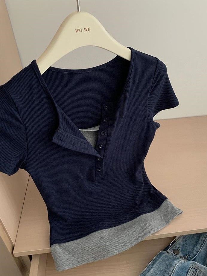 2023 summer new millennium hot girl design sense fake two dark blue T-shirts slim fit short-sleeved tops