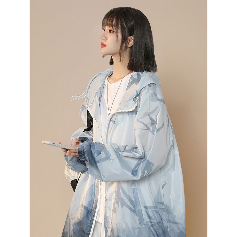 Gradient sun protection clothing for women, loose summer oversize anti-UV thin coat, trendy American style hooded sun protection clothing
