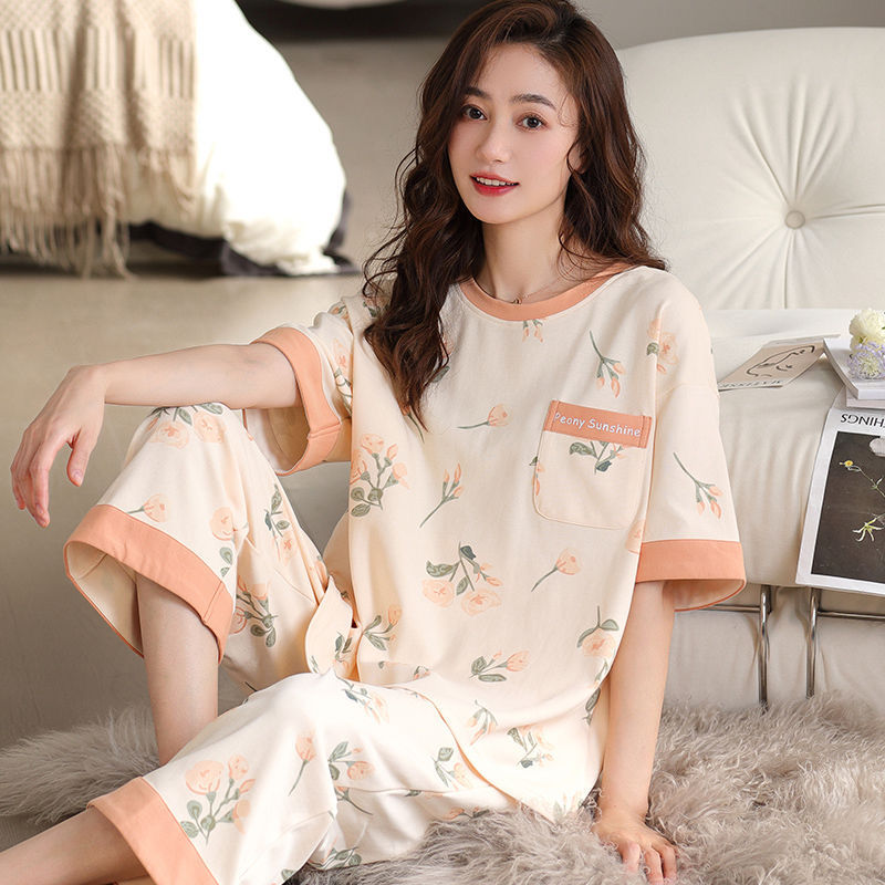 高檔純棉睡衣女夏季薄款短袖七分褲休閒寬鬆可外穿全棉家居服套裝