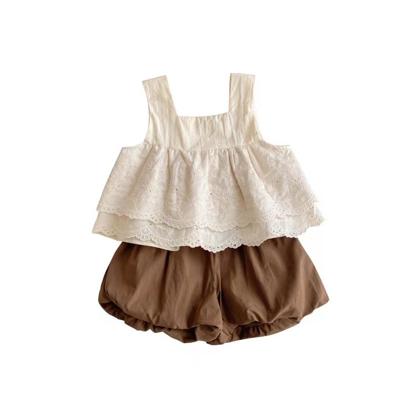 Girls Suit Western Style Vest Embroidered Baby Doll Shirt  Small and Medium-sized Girls Baby Sleeveless Top Flower Pants Two-piece Set