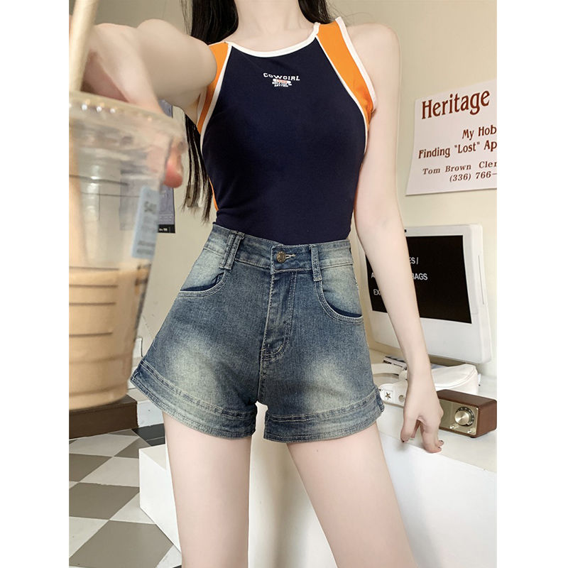 American hot girl high-waisted retro denim shorts for women summer new style old straight slim a-line ultra-short hot pants trendy