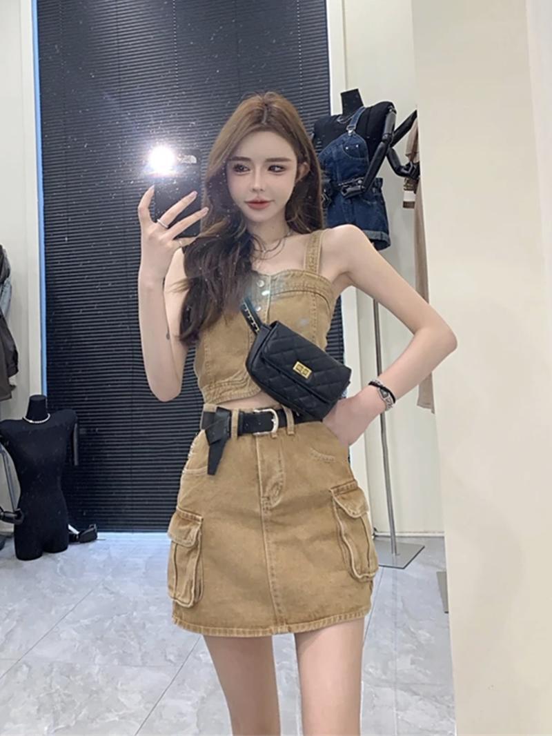 Korean Fashion Sweet and Spicy Suit Women's Summer New Slim Denim Sleeveless Top + Sexy Slim Denim Skirt