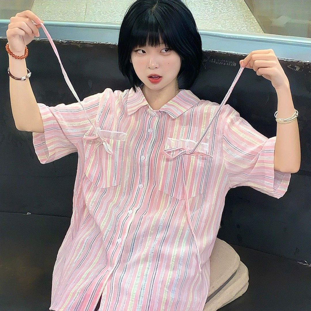 學院風條紋襯衫粉色少女襯衣中長款甜美短袖夏別致設計感新款上衣