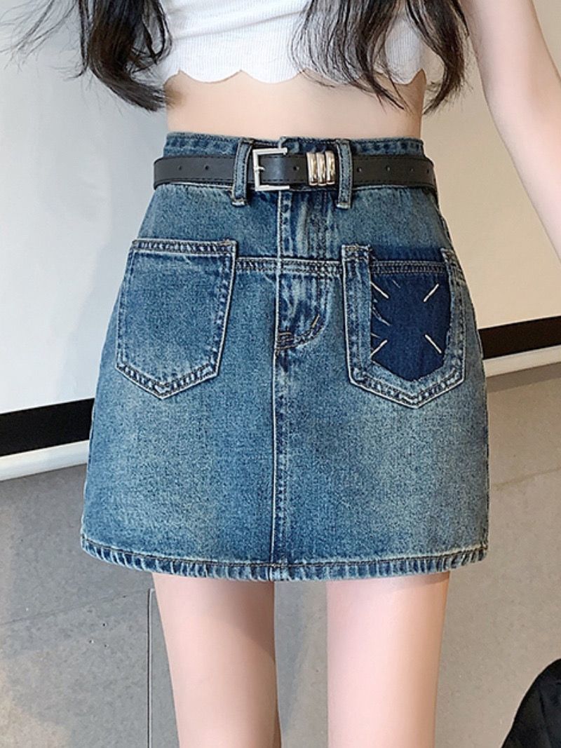 Hong Kong style retro denim skirt new style  summer high waist slim skirt skirt a line skirt pants ins