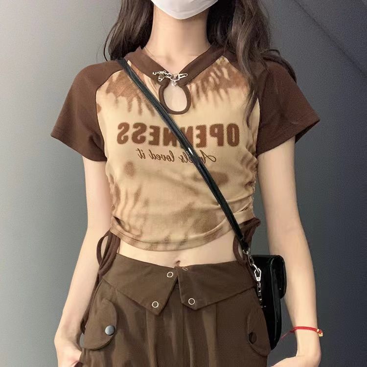 American style front shoulder sweet hot girl short top summer slim fit color contrast retro drawstring strap short-sleeved t-shirt female