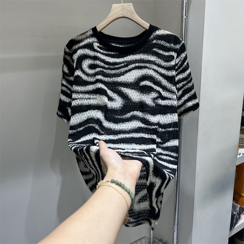 Wave zebra leopard print ice silk short-sleeved T-shirt women's summer bottoming shirt European goods loose foreign style large version top thin section tide