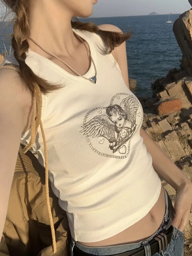 辣妹風復古天使印花短款背心女內搭2023夏季新款外穿修身短款上衣