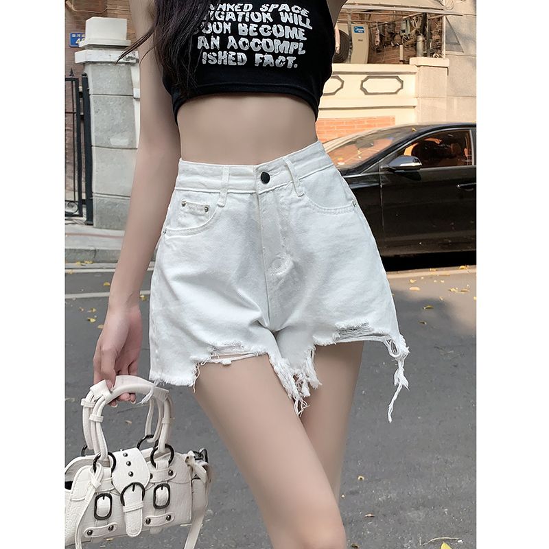 小眾設計感毛邊白色牛仔褲女士夏季裝高腰顯瘦寬鬆闊腿熱褲短褲子