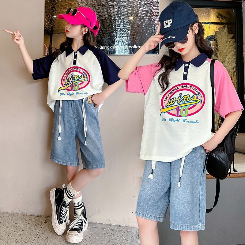 女童套裝夏季2023新款兒童polo衫短袖中大童牛仔五分褲兩件套薄款