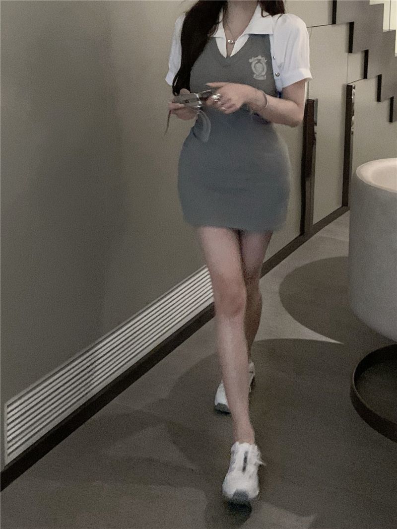 灰色假兩件連衣裙女夏季2023新款純欲辣妹復古氣質修身包臀短裙子