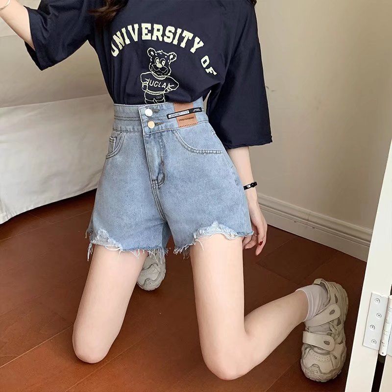 2023年新款夏季小個子破洞牛仔短褲女寬鬆學院風辣妹高腰闊腳熱褲