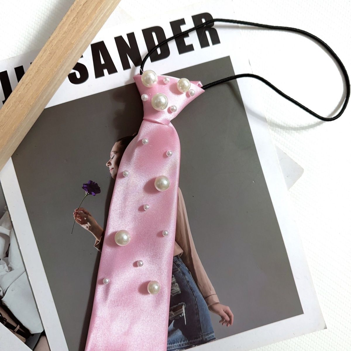 Pink Tie Female Shirt Decorative Handmade Flower Pearl Necktie Personalized College Style Small Fragrant Pearl Chain_voghion.com