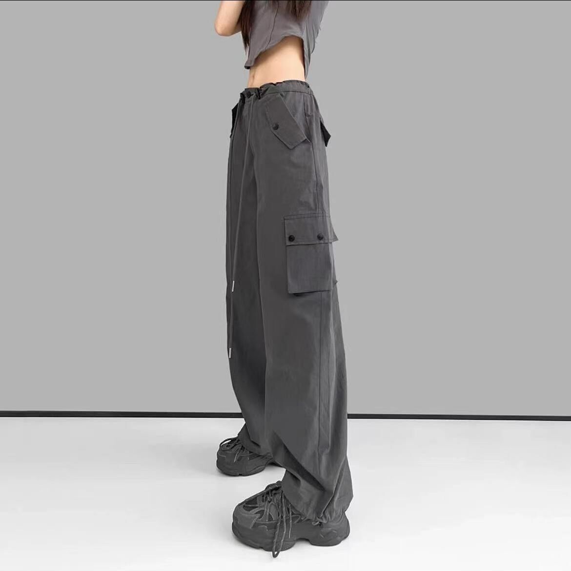 Gray overalls for women, summer thin, high-waisted, wide-legged, straight-leg casual design, quick-drying American retro sports pants