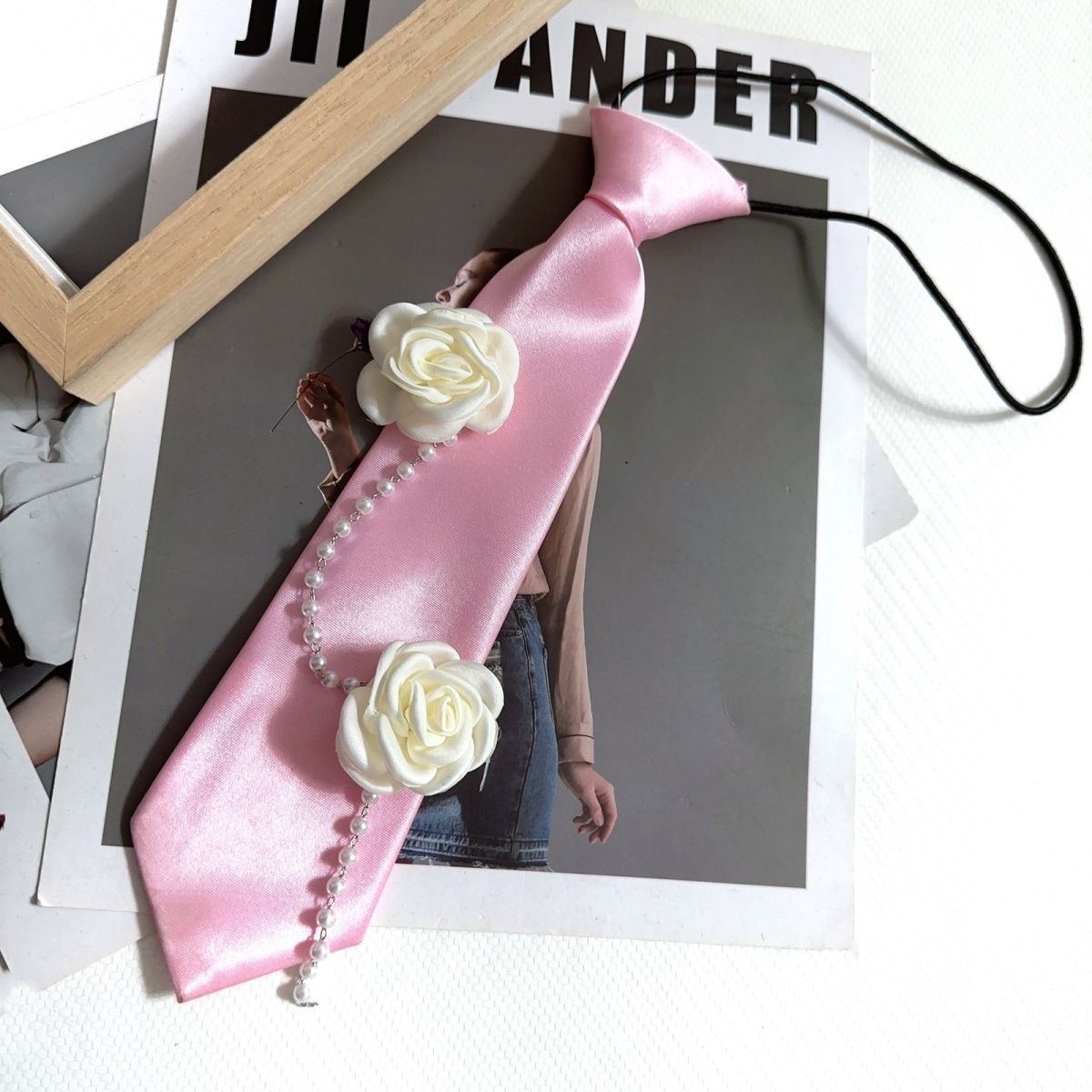 Pink Tie Female Shirt Decorative Handmade Flower Pearl Necktie Personalized College Style Small Fragrant Pearl Chain_voghion.com