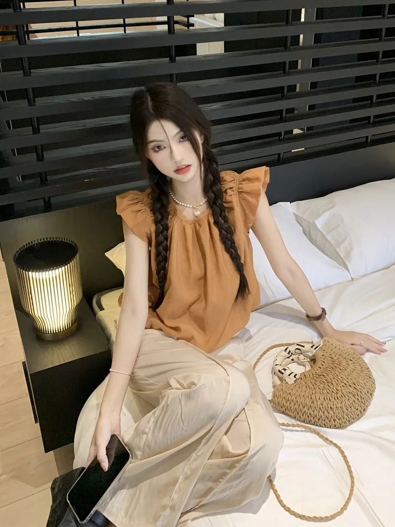 荷葉邊設計感無袖襯衫女夏季韓版2023新款chic顯瘦短款娃娃衫上衣