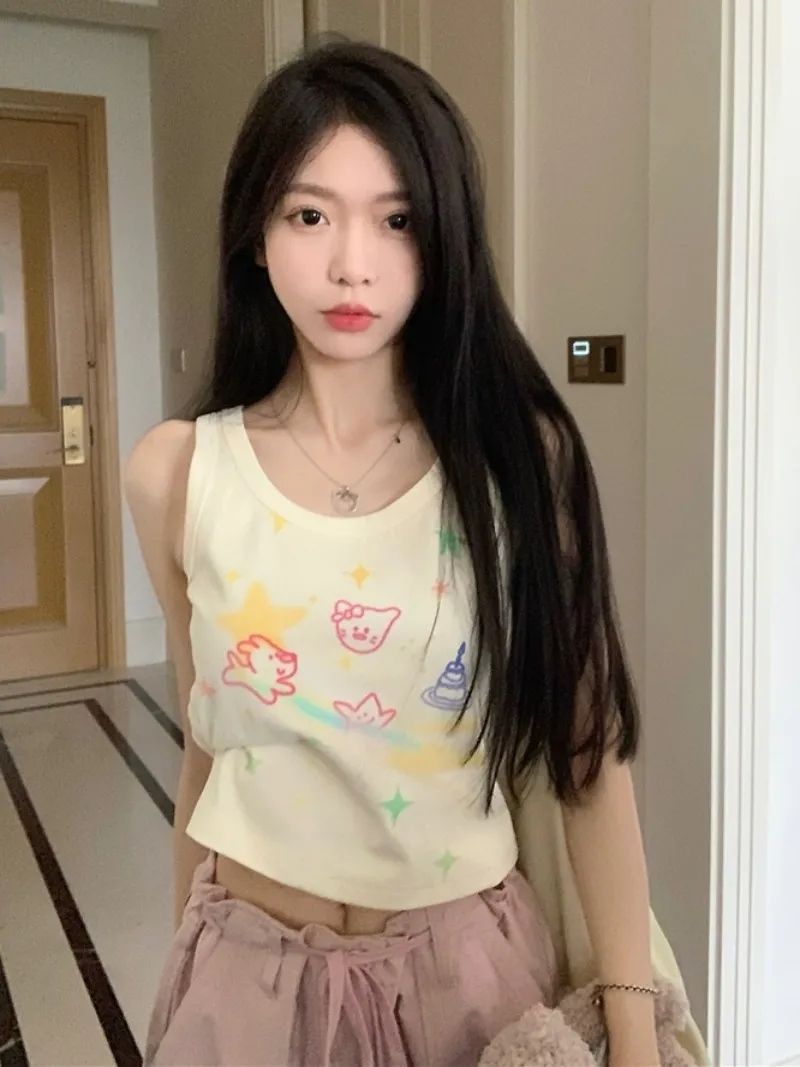 可愛甜美塗鴉打底小吊帶背心女夏季辣妹修身顯瘦內搭外穿短款上衣
