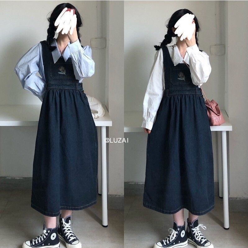 復古港風顯瘦減齡牛仔背帶裙女2023夏季新款寬鬆中長款過膝連衣裙