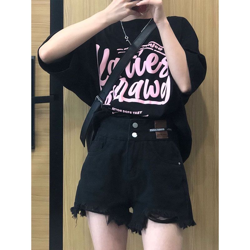 設計感不規則破洞闊腿褲美式牛仔短褲女2023夏季新款高腰a字熱褲