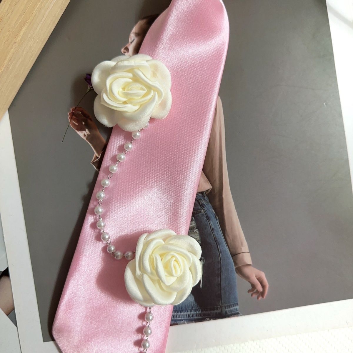 Pink Tie Female Shirt Decorative Handmade Flower Pearl Necktie Personalized College Style Small Fragrant Pearl Chain_voghion.com
