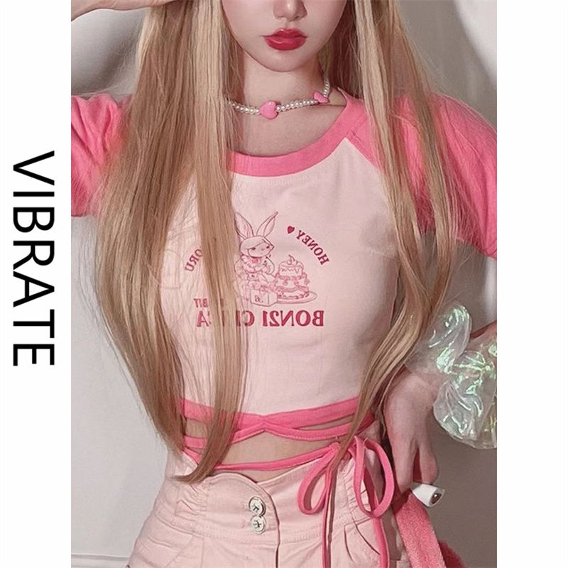 VIBRATE Positive shoulder round neck strap raglan short-sleeved T-shirt female navel bump color printing short hot girl top ins