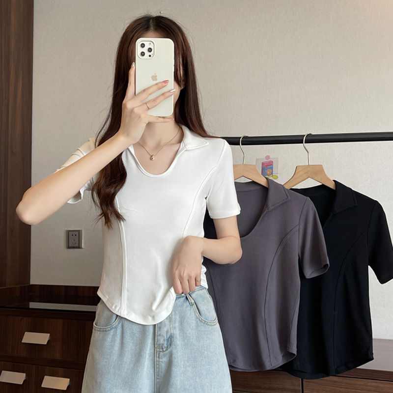Pure cotton u-neck shoulder short-sleeved t-shirt women's summer American sweet and spicy short section irregular polo shirt slim fishbone top