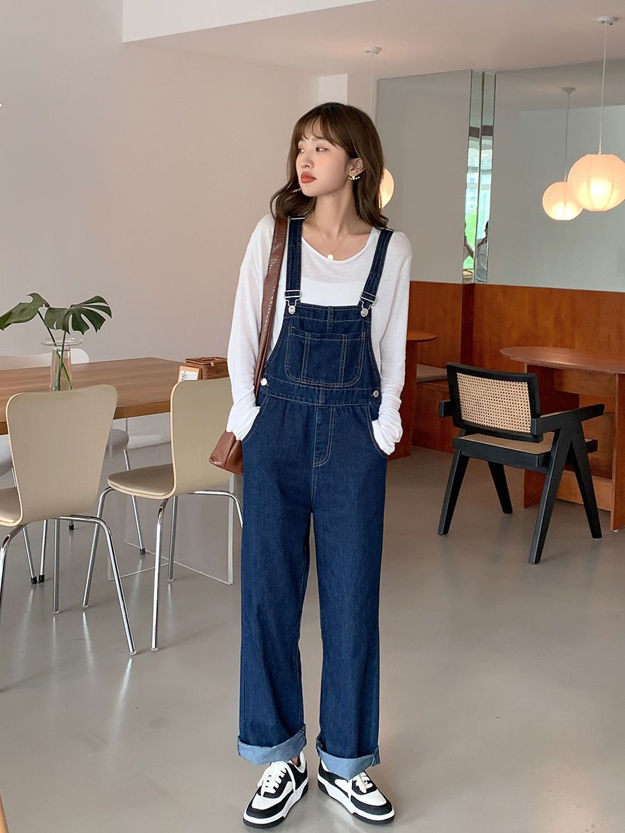 Retro denim overalls for women  autumn new design slimming and age-reducing wide-leg jumpsuits