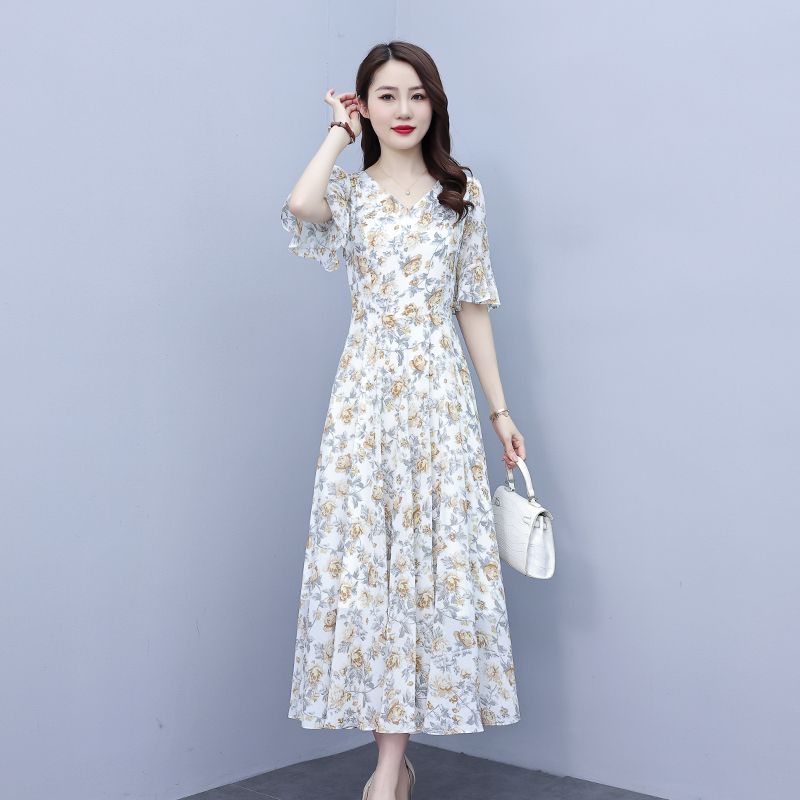 夏季連衣裙2023新款氣質媽媽雪紡印花收腰顯瘦遮肚子長款碎花裙子