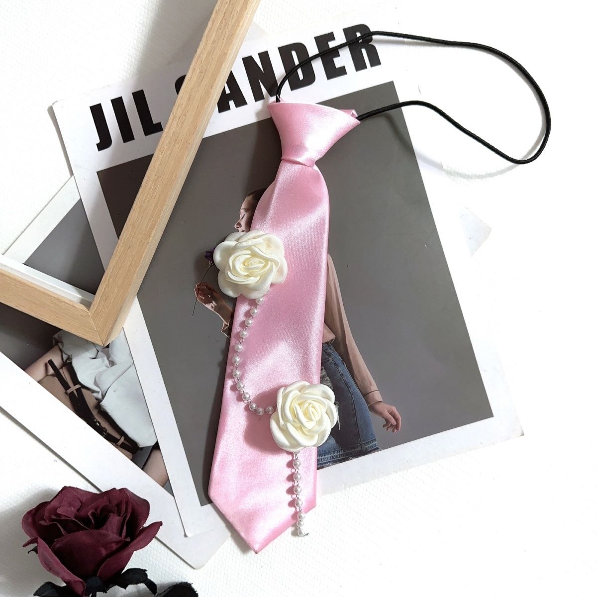 Pink Tie Female Shirt Decorative Handmade Flower Pearl Necktie Personalized College Style Small Fragrant Pearl Chain_voghion.com