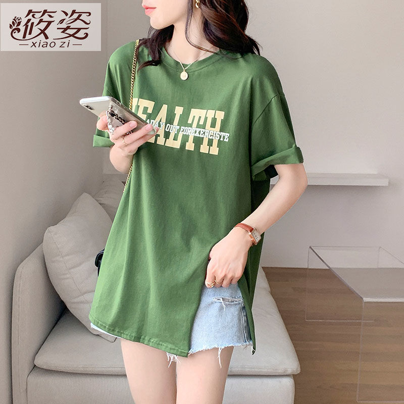 筱姿夏季寬鬆中長款顯瘦別致純棉短袖t恤女ins設計感小眾開叉上衣