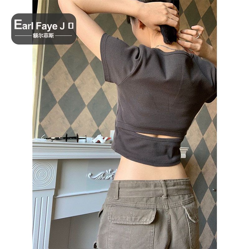 [Positive shoulder pure cotton] dark gray retro short-sleeved t-shirt women's summer short hollow slim slim all-match tops