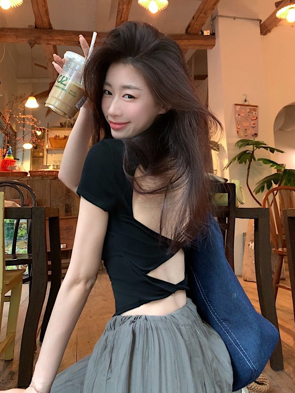 kumikumi hot girl style sexy backless shoulder short-sleeved green T-shirt female summer fish bone waist slimming top