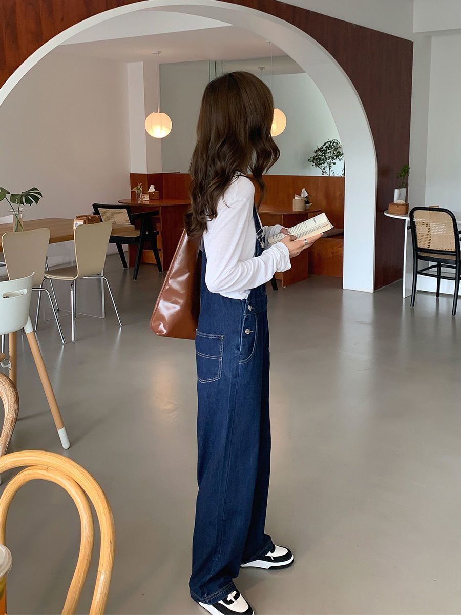 Retro denim overalls for women  autumn new design slimming and age-reducing wide-leg jumpsuits