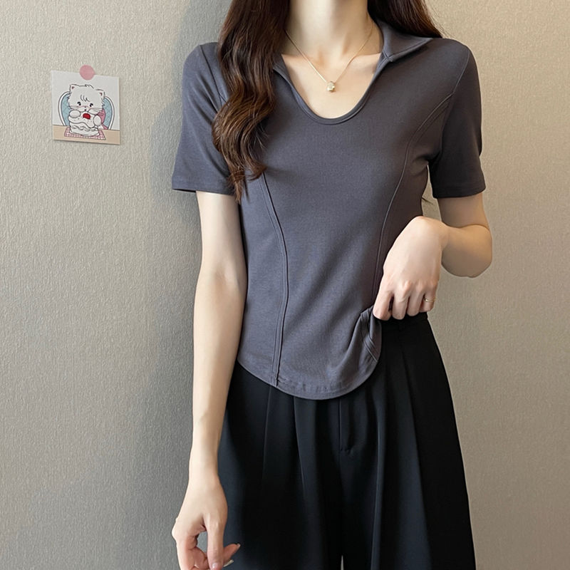 Polo collar short-sleeved bottoming shirt women's summer cotton U-neck tight-fitting T-shirt slim hot girl front shoulder foreign style short top
