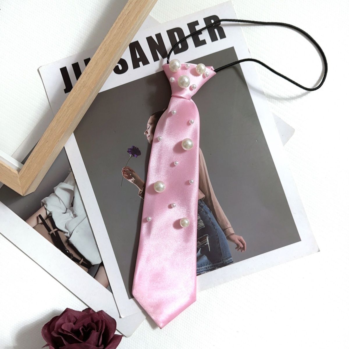 Pink Tie Female Shirt Decorative Handmade Flower Pearl Necktie Personalized College Style Small Fragrant Pearl Chain_voghion.com