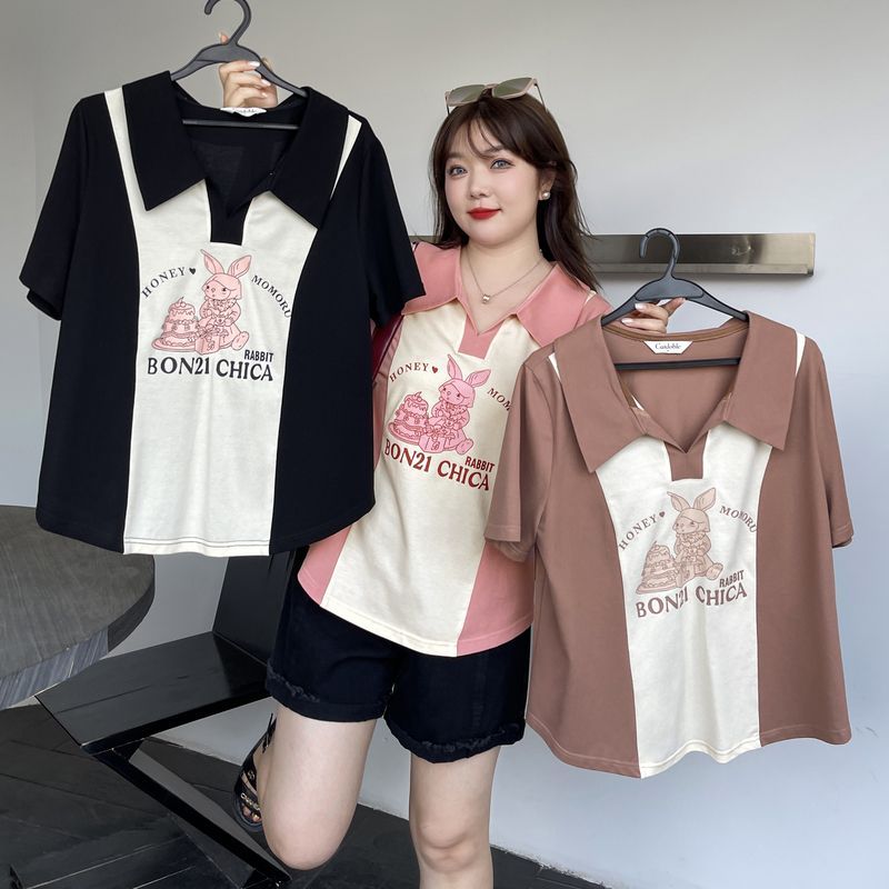 Big size fat sister summer new French POLO shirt hit color front shoulder thin short-sleeved t-shirt women's top 2-300 catties