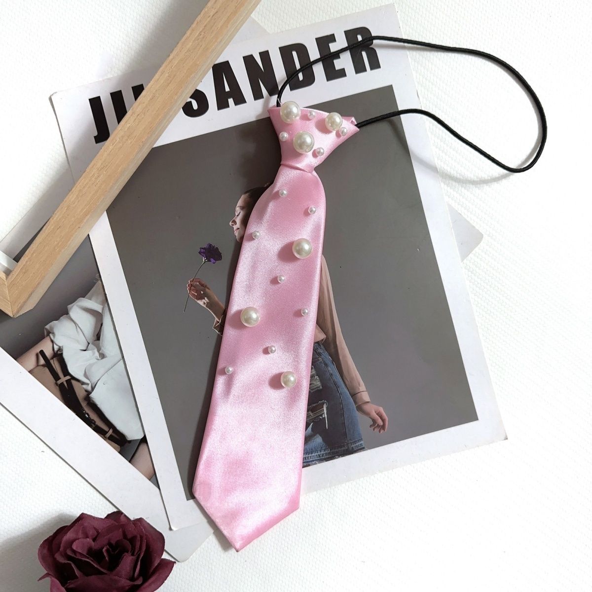 Pink Tie Female Shirt Decorative Handmade Flower Pearl Necktie Personalized College Style Small Fragrant Pearl Chain_voghion.com