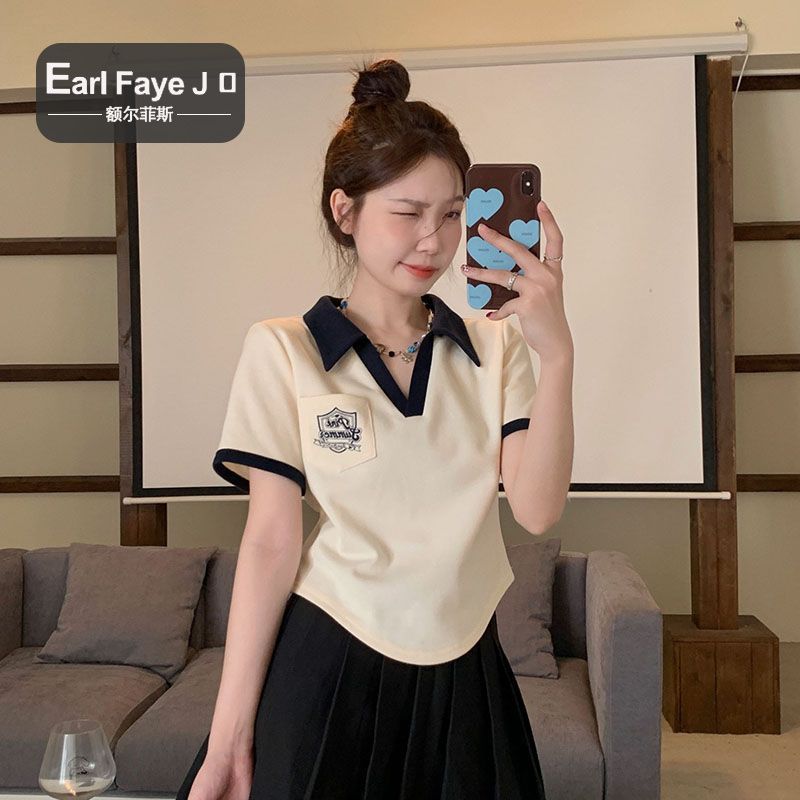 [Positive shoulder pure cotton] polo shirt short-sleeved t-shirt women's summer loose design sense niche chic short hot girl top