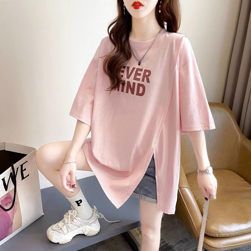 Light purple slit short-sleeved t-shirt women's summer new loose and slightly fat mm slimming all-match top trendy plus-size women's clothing