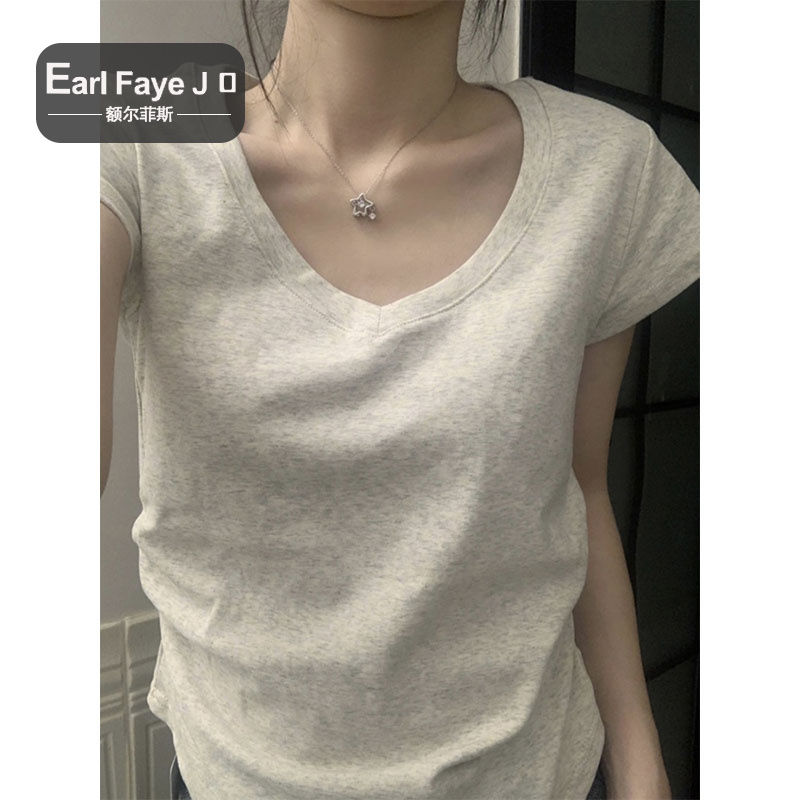 [Positive shoulder pure cotton] pure desire style hot girl V-neck irregular short-sleeved T-shirt women's summer new slim short top